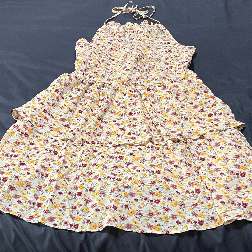 Floral Halter Tiered Dress in Cream with Yellow & Pink Flowers XXL